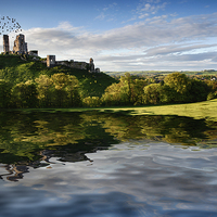Buy canvas prints of Lake and hill with ruin landscape by Simon Bratt LRPS