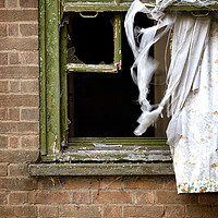 Buy canvas prints of Abandonded building window and curtains by Simon Bratt LRPS