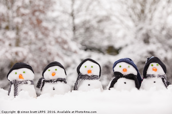 Five cute snowmen facing forward Picture Board by Simon Bratt LRPS