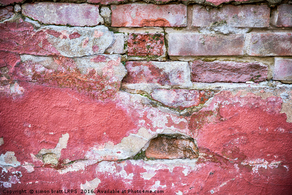 Grunge red wall with broken plaster close up Picture Board by Simon Bratt LRPS