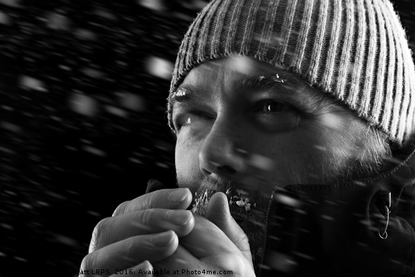 Man freezing in snow storm BW Picture Board by Simon Bratt LRPS