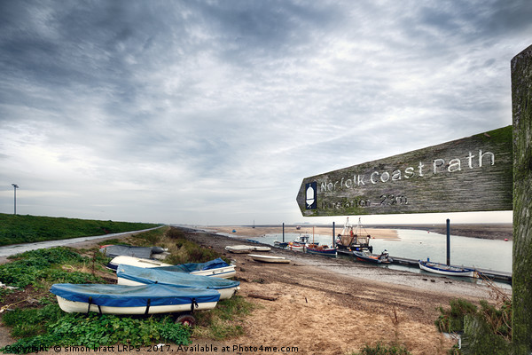 Norfolk coastal path sign and boats Picture Board by Simon Bratt LRPS