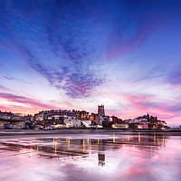 Buy canvas prints of Cromer pier and town in Norfolk with pink sunset by Simon Bratt LRPS