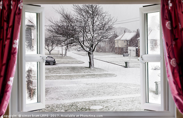 Beautiful winter scene through an open window Picture Board by Simon Bratt LRPS