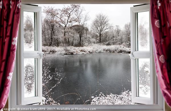 Beautiful frozen lake scene through an open window Picture Board by Simon Bratt LRPS