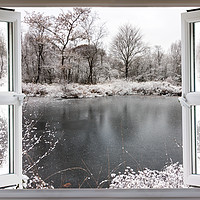 Buy canvas prints of Beautiful frozen lake scene through an open window by Simon Bratt LRPS