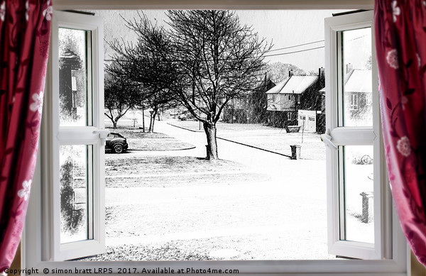 Beautiful winter scene through an open window Picture Board by Simon Bratt LRPS