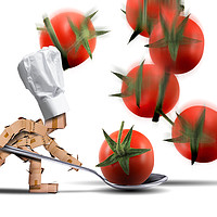 Buy canvas prints of Cute chef box character catching tomatoes by Simon Bratt LRPS