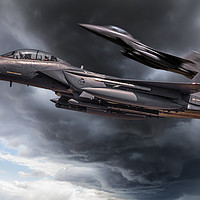 Buy canvas prints of Two fighter jets close up in storm clouds by Simon Bratt LRPS