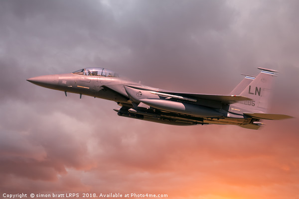 RAF Lakenheath Suffolk F-15 Eagle in flight with o Picture Board by Simon Bratt LRPS