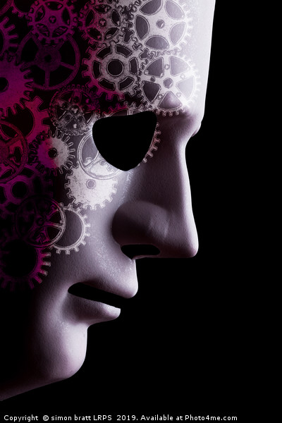 A.I. robotic face close up with cogs Picture Board by Simon Bratt LRPS