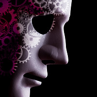 Buy canvas prints of A.I. robotic face close up with cogs by Simon Bratt LRPS