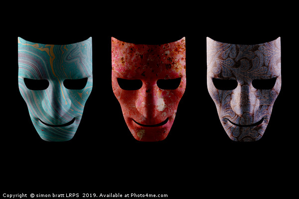 Three textured AI robotic face masks Picture Board by Simon Bratt LRPS