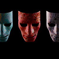 Buy canvas prints of Three textured AI robotic face masks by Simon Bratt LRPS