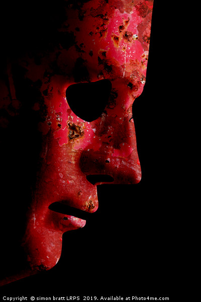 AI robotic face profile close up rusty red Picture Board by Simon Bratt LRPS