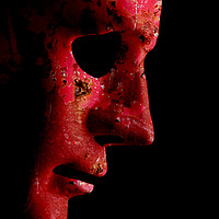 Buy canvas prints of AI robotic face profile close up rusty red by Simon Bratt LRPS