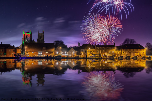 Kings Lynn firework display over town and river Picture Board by Simon Bratt LRPS