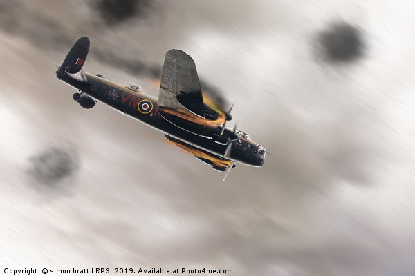 Lancaster bomber on fire crashing Picture Board by Simon Bratt LRPS