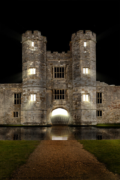 Titchfield Abbey at night with moat and lights shining Picture Board by Simon Bratt LRPS