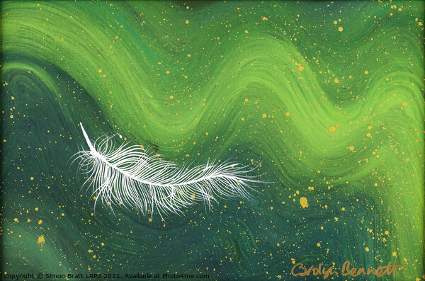 Spiritual white feather with green waves Picture Board by Simon Bratt LRPS