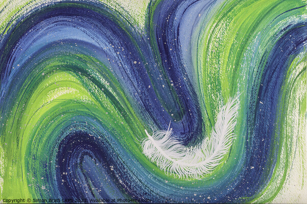 Spiritual white feather abstract on colourful waves Picture Board by Simon Bratt LRPS