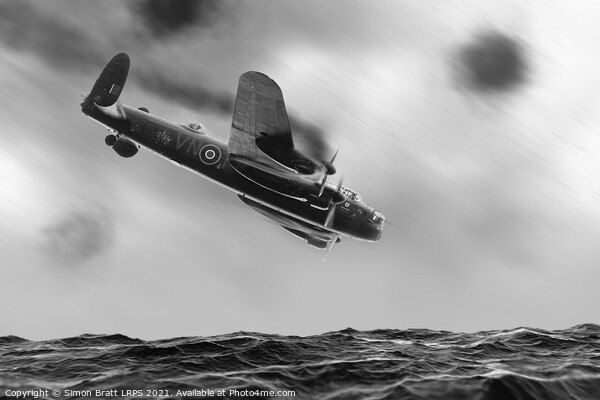 Lancaster bomber crashing into the sea BW Picture Board by Simon Bratt LRPS