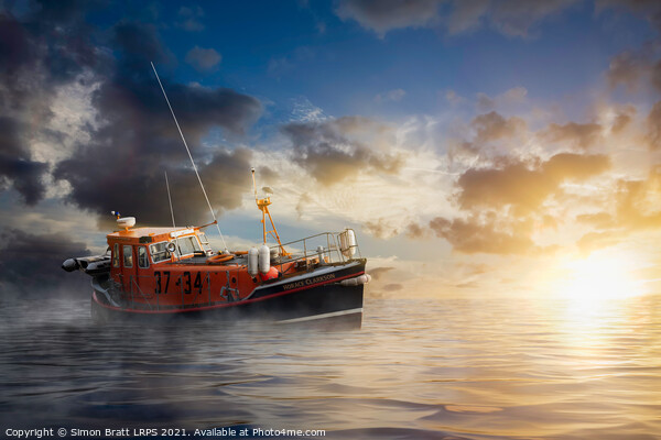 Old lifeboat at sea in Norfolk Picture Board by Simon Bratt LRPS