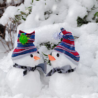 Buy canvas prints of Two cute little snowmen dressed for snow by Simon Bratt LRPS