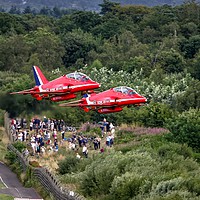 Buy canvas prints of Classic Red Arrows take off at Farnborough by Max Stevens