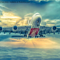 Buy canvas prints of 'Emirates A380 Soaring Manchester Skies' by Derrick Fox Lomax
