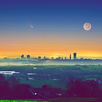 Buy canvas prints of  Moon over Manchester by Derrick Fox Lomax