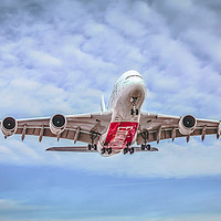 Buy canvas prints of Airbus A380 Landing at Manchester Airport by Derrick Fox Lomax