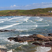 Buy canvas prints of Polzeath Beach with breaking surf by Chris Warham