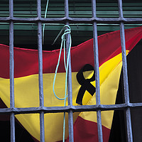 Buy canvas prints of This is the Spanish flag with a black ribbon as a  by Jose Manuel Espigares Garc
