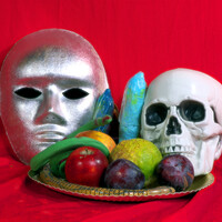 Buy canvas prints of Still life with fruit, a skull and a mask by Jose Manuel Espigares Garc