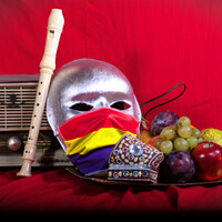 Buy canvas prints of Still life with an old radio, mask and some fruit by Jose Manuel Espigares Garc