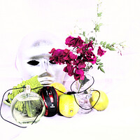 Buy canvas prints of Broccoli, lemons, perfume, a mouse, a,mask and flowers in high key by Jose Manuel Espigares Garc