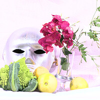 Buy canvas prints of Broccoli, lemons, mask and flowers in high key by Jose Manuel Espigares Garc