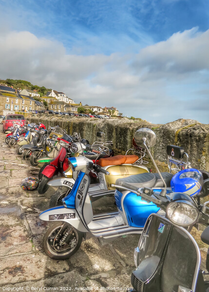 Nostalgic Scooter Scene at Mousehole Harbour Picture Board by Beryl Curran