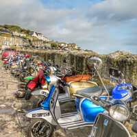 Buy canvas prints of Nostalgic Scooter Scene at Mousehole Harbour by Beryl Curran