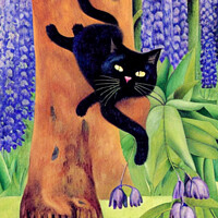 Buy canvas prints of Lazy Black Cat in the Purple Forest by Beryl Curran