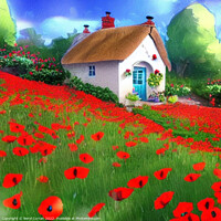Buy canvas prints of Quaint Thatched Cottage amid Wild Poppies by Beryl Curran