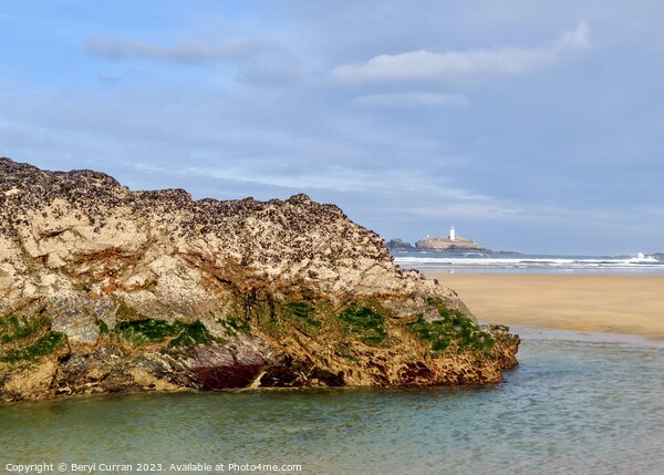 Marvel at Godrevy Lighthouse on Gwithian Beach Picture Board by Beryl Curran