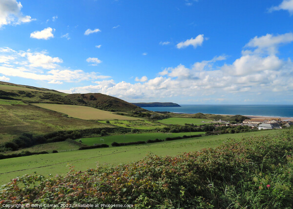 Woolacombe. Green fields and blue bay Picture Board by Beryl Curran