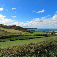 Buy canvas prints of Woolacombe. Green fields and blue bay by Beryl Curran