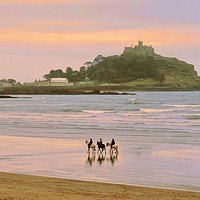 Buy canvas prints of Horses on the beach. St Michael’s Mount  by Beryl Curran