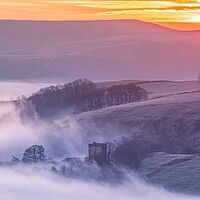 Buy canvas prints of Peveril Castle at sunrise over fog. Peak District by John Finney