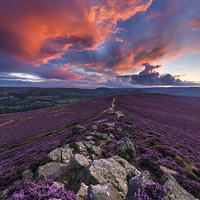 Buy canvas prints of Winhill purple and orange sunset, Peak District, E by John Finney