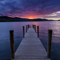 Buy canvas prints of Jetty sunset, Derwent water, English Lake District by John Finney