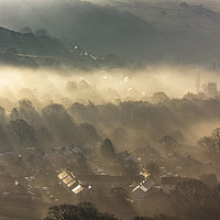 Buy canvas prints of Hayfield misty sunrise, Derbyshire, England.  by John Finney